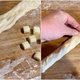 Left: adding the string cheese to the flattened dough snake. Right: sealing the cheese inside the dough.